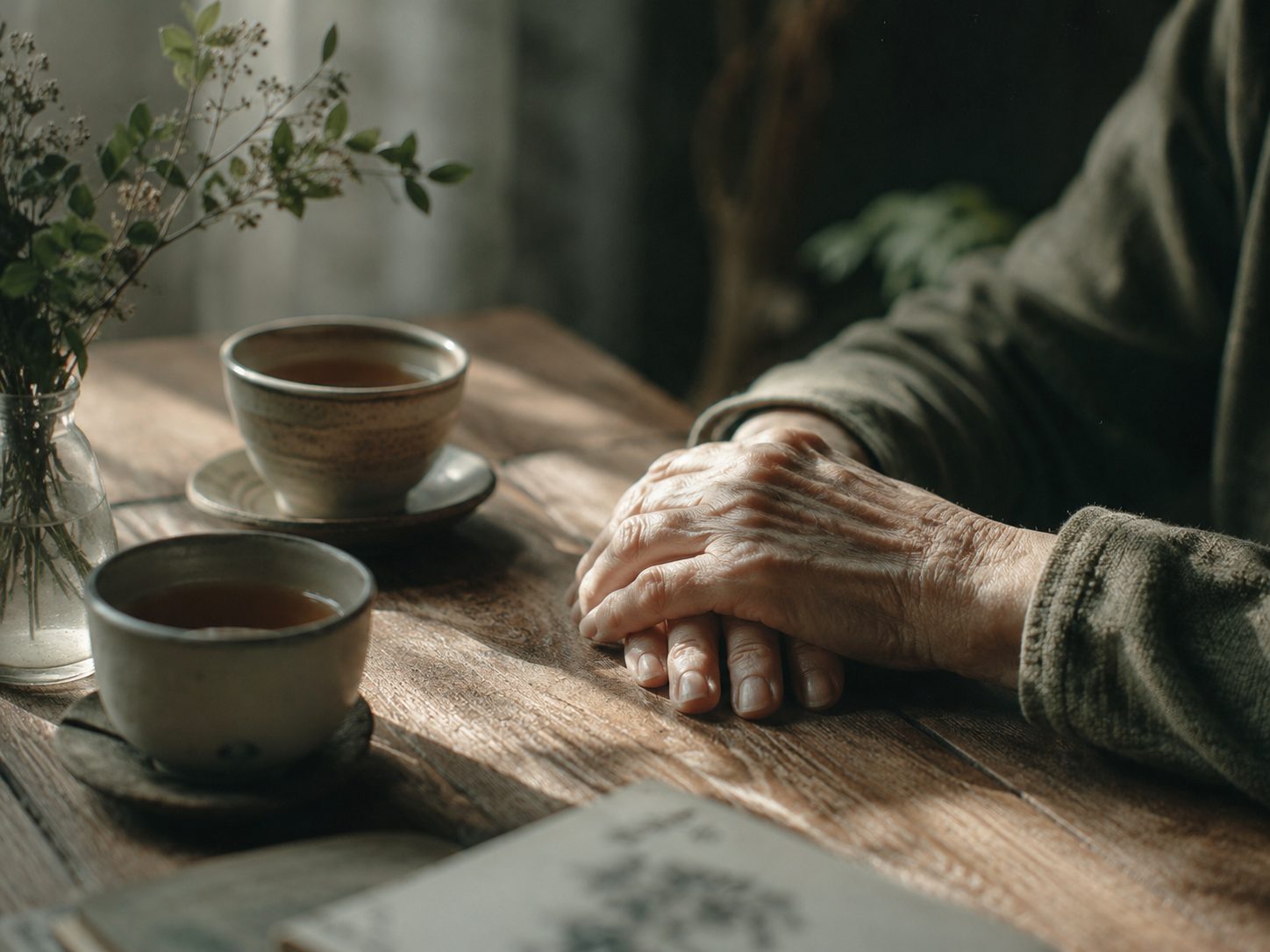 An older person's hands resting on a wooden table beside cups of tea in soft morning light